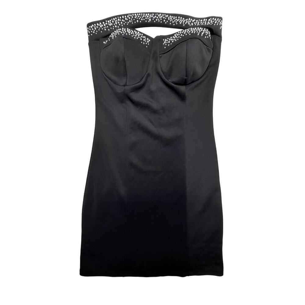 Hottie Black Strapless Bodycon Mini Dress Rhinestone Bust Cutout Women’s